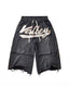 Valley Black Vintage Washed Terry Sweat Shorts Irregular Frayed Hem Rhinestone Script Logo Spliced Baggy Unisex Dark Grunge Street Shorts