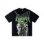 Green Demon Skeleton Motorcycle Metal Punk Graphic T-Shirt Death Metal Rhinestone Gothic Letter Oversized Black Streetwear Tee
