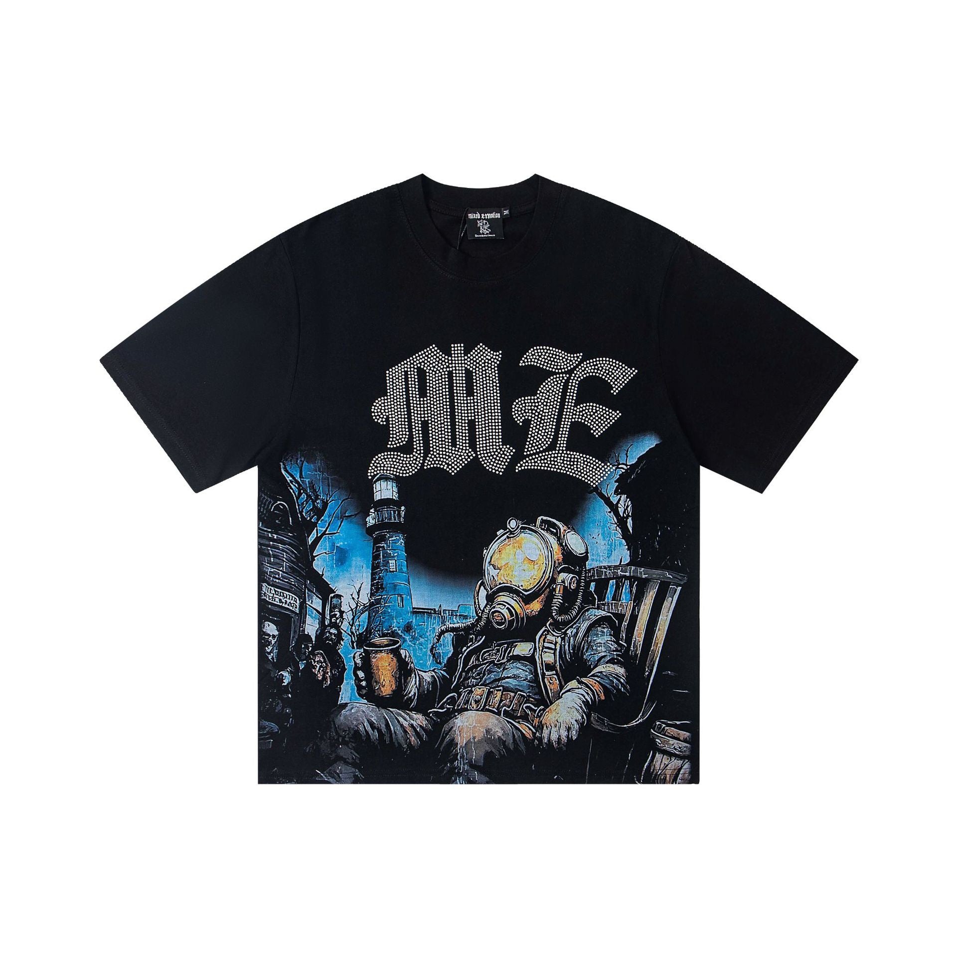 Vintage Deep Sea Diver Lighthouse Dark Scene Graphic T-Shirt Nautical Gothic Rhinestone Letter Oversized Black Streetwear Short Sleeve Tee