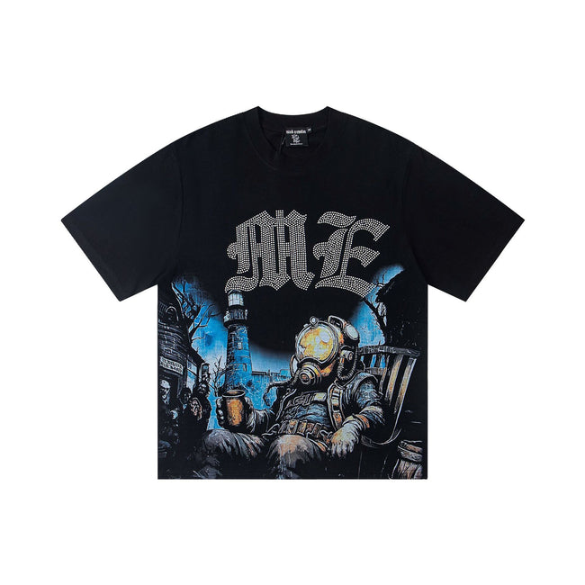 Vintage Deep Sea Diver Lighthouse Dark Scene Graphic T-Shirt Nautical Gothic Rhinestone Letter Oversized Black Streetwear Short Sleeve Tee Hover Image