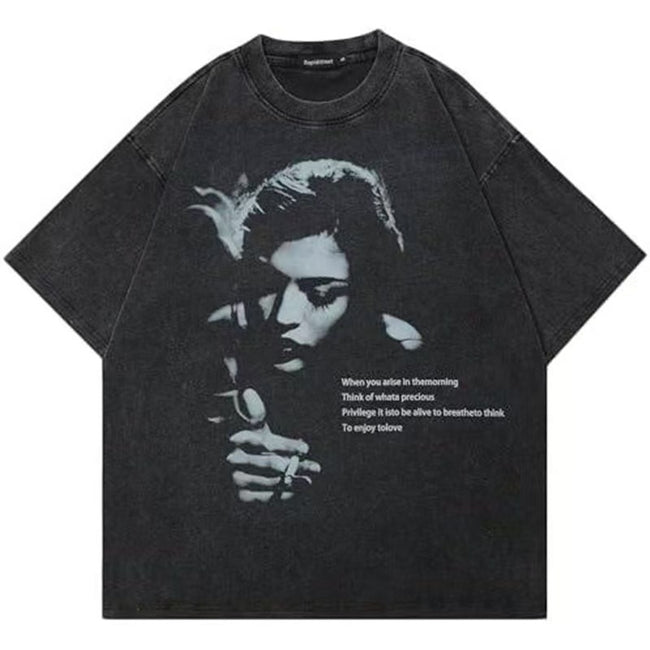 Washed Black Oversized Portrait T-Shirt Vintage Grunge Smoking Woman Poem Print Dark Aesthetic Unisex Streetwear Short Sleeve Top Hover Image