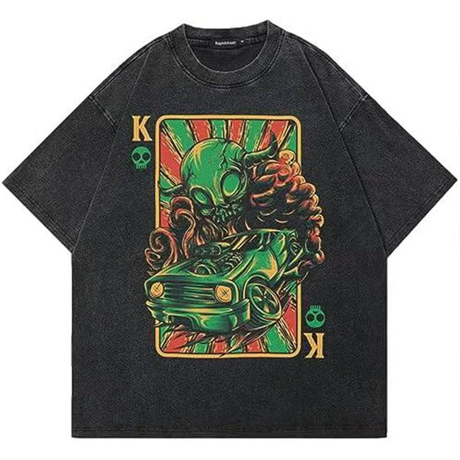 Vintage Poker King Skull Race Car Graphic Washed T-Shirt American Old School Hot Rod Gothic Oversized Unisex Streetwear Short Sleeve Tee Hover Image