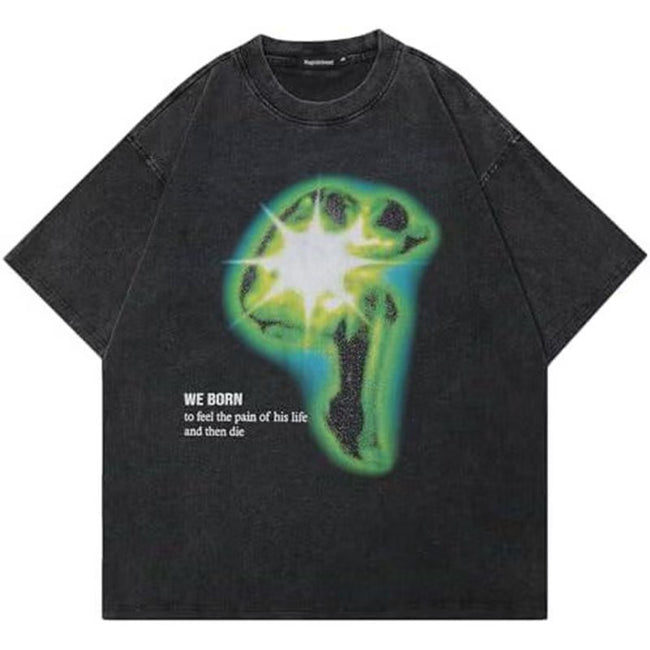 Psychedelic Gradient Alien Skull Washed T-Shirt Life Slogan Print Dark Surreal Aesthetic Oversized Unisex Streetwear Tee Hover Image