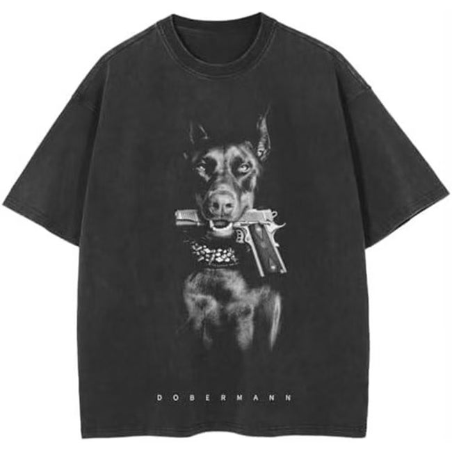 Vintage Washed Oversized T-Shirt Men Doberman Gun Portrait Print American Gangster Dark Streetwear Unisex Short Sleeve Tee Hover Image