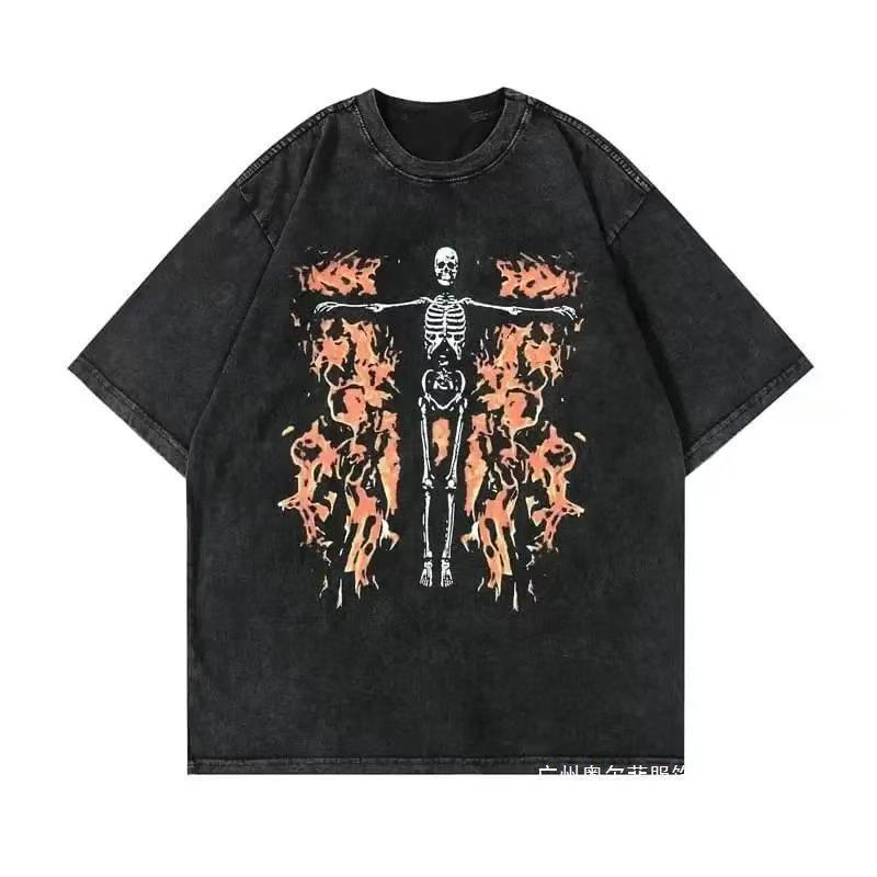 Flame Surrounded Cross Skeleton Vintage Washed Graphic Tee