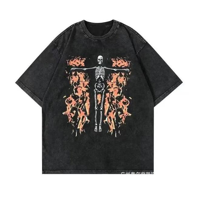 Flame Surrounded Cross Skeleton Vintage Washed Graphic Tee Hover Image