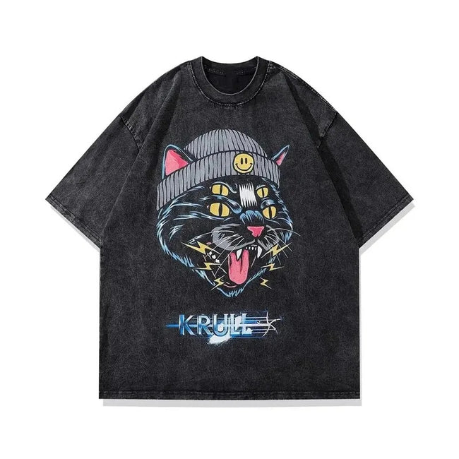 4-Eyed Hip Hop Cat Beanie Retro Washed Graphic Streetwear T-Shirt Hover Image