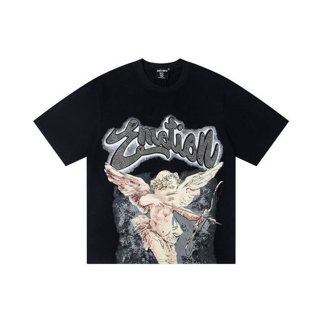 Black Vintage Rhinestone Embellished Cupid Angel Arrow Graphic T-Shirt Gothic Renaissance Art Oversized Unisex Grunge Streetwear Tee Hover Image