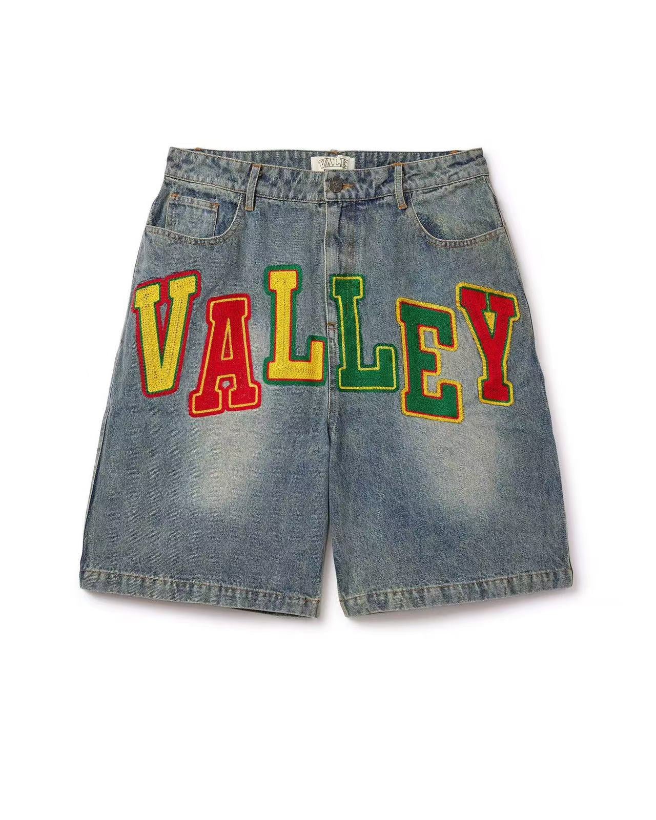 Valley Light Blue Washed Denim Shorts Color Block Varsity Embroidery Letter Baggy Wide Leg Unisex Hip Hop Street Jorts