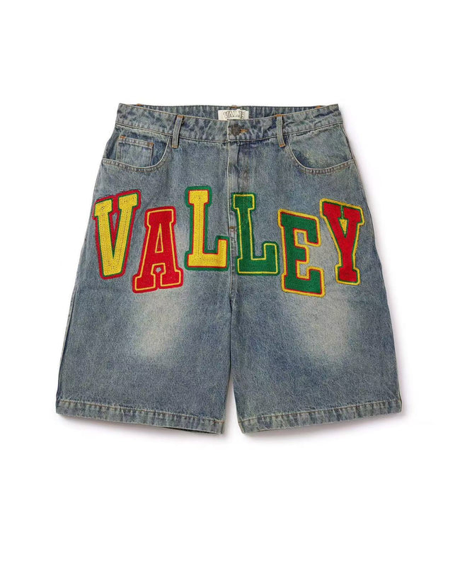 Valley Light Blue Washed Denim Shorts Color Block Varsity Embroidery Letter Baggy Wide Leg Unisex Hip Hop Street Jorts Hover Image
