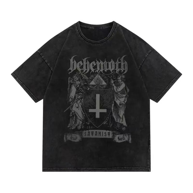 Behemoth Satanist Religious Crest Black Metal Band Vintage Washed T-Shirt