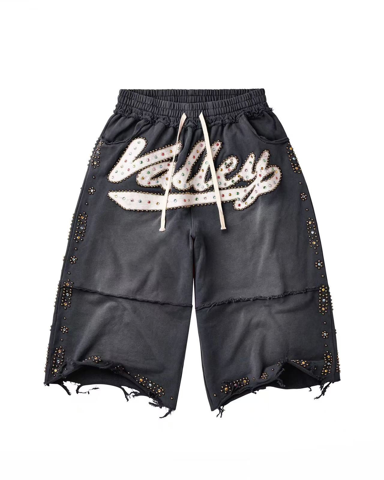 Valley Black Vintage Washed Terry Sweat Shorts Irregular Frayed Hem Rhinestone Script Logo Spliced Baggy Unisex Dark Grunge Street Shorts