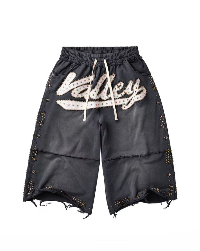 Valley Black Vintage Washed Terry Sweat Shorts Irregular Frayed Hem Rhinestone Script Logo Spliced Baggy Unisex Dark Grunge Street Shorts Hover Image