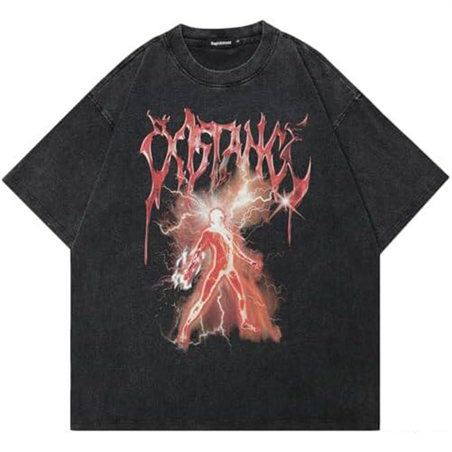 Black Metal Gothic Lightning Human Figure Washed T-Shirt Red Blood Letter Punk Oversized Unisex Streetwear Short Sleeve Top Hover Image