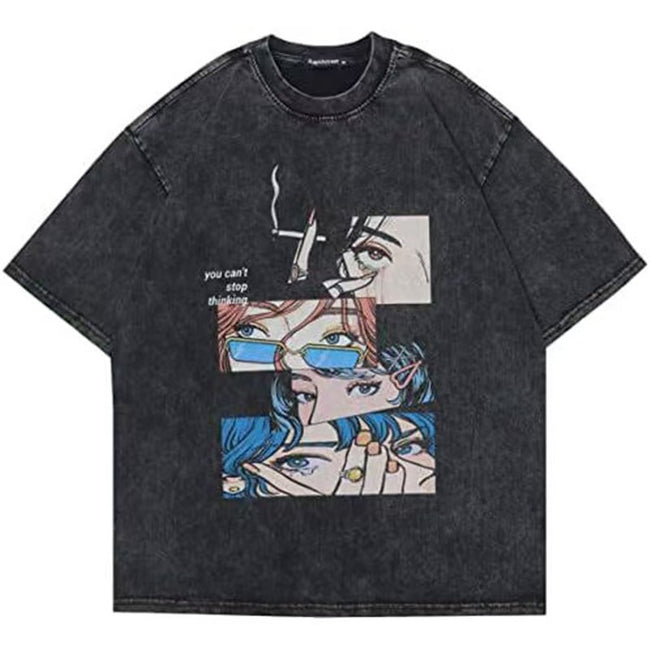 Anime Eye Collage Vintage Washed T-Shirt Manga Aesthetic Grunge Streetwear Oversized Unisex Short Sleeve Tee Hover Image