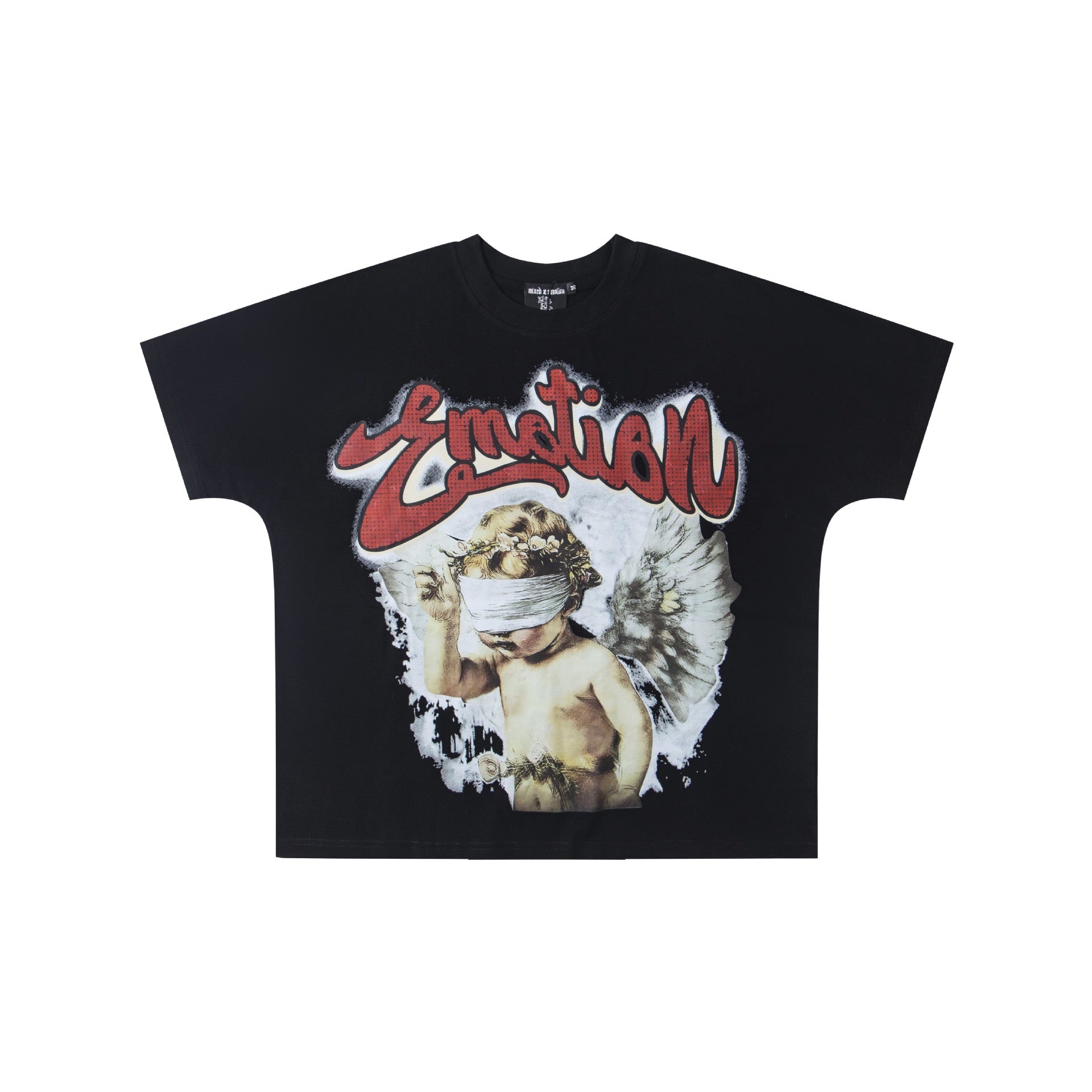 Vintage Blindfolded Angel Cherub Red Graffiti Script T-Shirt Romantic Renaissance Art Grunge Oversized Unisex Black Streetwear Tee