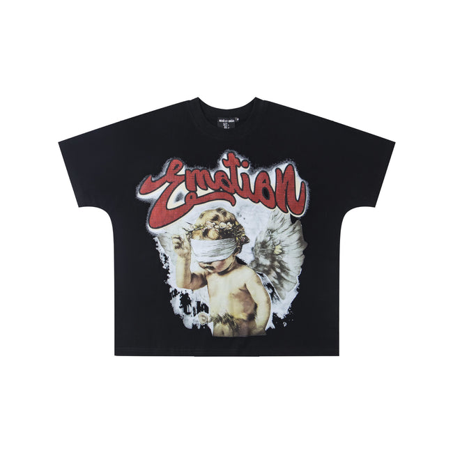 Vintage Blindfolded Angel Cherub Red Graffiti Script T-Shirt Romantic Renaissance Art Grunge Oversized Unisex Black Streetwear Tee Hover Image