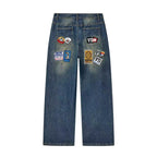 Valley Multi Patch Badge Embroidered Vintage Washed Blue Denim Shorts Men Y2K Baggy Wide Leg Rhinestone Letter Unisex Streetwear Jorts