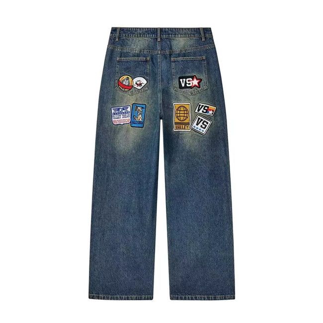 Valley Multi Patch Badge Embroidered Vintage Washed Blue Denim Shorts Men Y2K Baggy Wide Leg Rhinestone Letter Unisex Streetwear Jorts Main Image