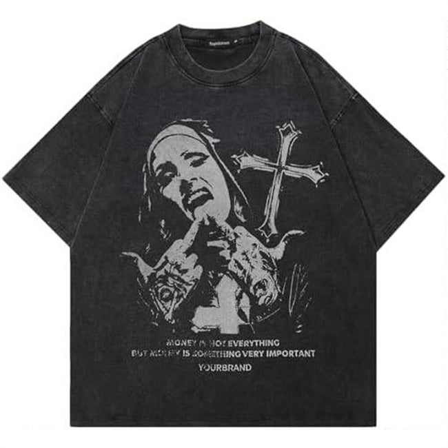 Gothic Nun Cross Quote Vintage Washed T-Shirt Dark Grunge Religious Distorted Portrait Oversized Unisex Streetwear Short Sleeve Top Hover Image