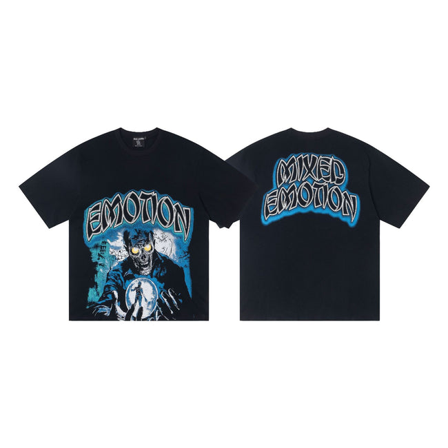 Mixed Emotion Double Sided Vintage Washed T-Shirt Men Women Gothic Skeleton Crystal Ball Dark Punk Oversized Unisex Streetwear Short Sleeve Tee Hover Image