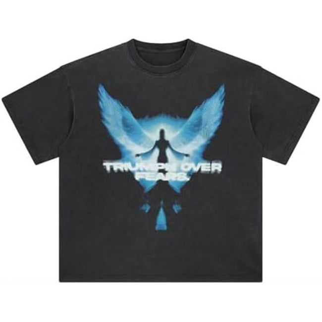 Blue Glow Angel Wing Silhouette Vintage Washed T-Shirt Triumph Over Fears Text Print Oversized Unisex Grunge Streetwear Short Sleeve Top Hover Image