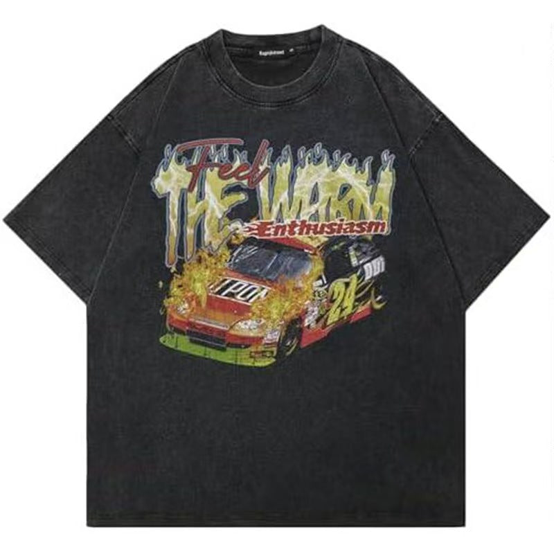 Flame Racing Car Graphic Vintage Washed T-Shirt Hip Hop Enthusiasm Streetwear Oversized Unisex Tee