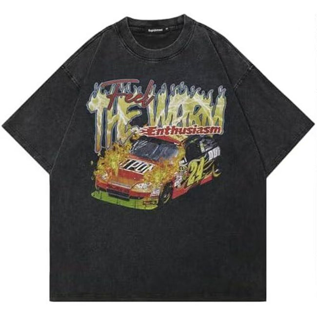 Flame Racing Car Graphic Vintage Washed T-Shirt Hip Hop Enthusiasm Streetwear Oversized Unisex Tee Hover Image