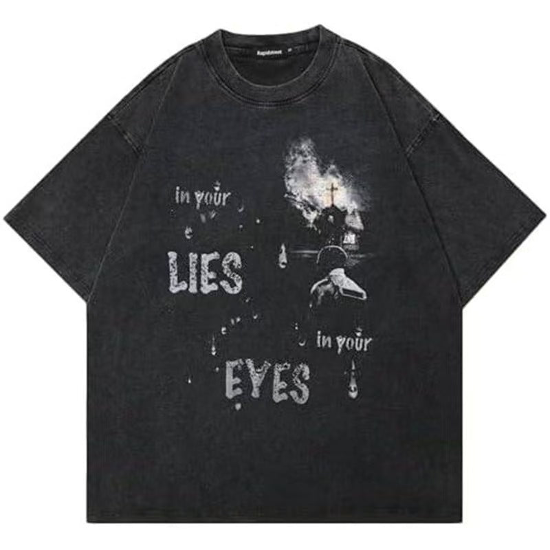 Vintage Dark Aesthetic Scene Washed T-Shirt Cross Cemetery Letter Print Grunge Oversized Unisex Streetwear Short Sleeve Tee