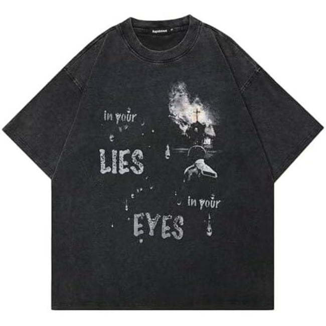 Vintage Dark Aesthetic Scene Washed T-Shirt Cross Cemetery Letter Print Grunge Oversized Unisex Streetwear Short Sleeve Tee Hover Image