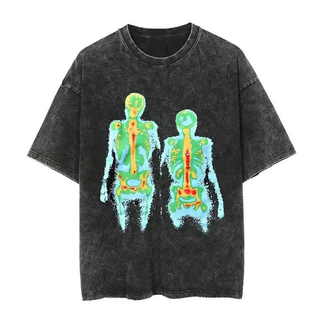 Vintage Thermal Skeleton Double Figure Washed Black Oversized T-Shirt Hover Image