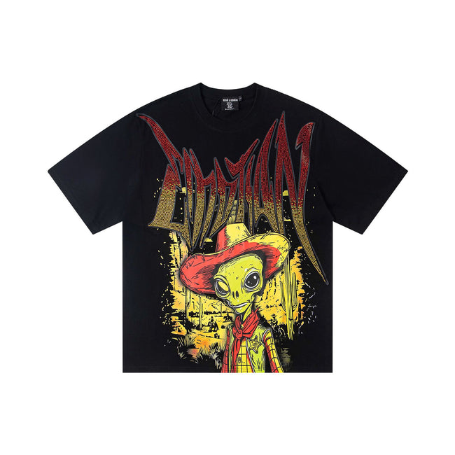Vintage Western Cowboy Alien Retro Graphic T-Shirt Desert Country Gradient Rhinestone Gothic Letter Oversized Black Streetwear Tee Hover Image
