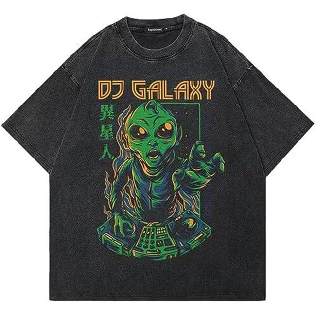 Retro Alien DJ Galaxy Graphic Acid Washed T-Shirt 90s Sci-Fi Cartoon Japanese Kanji Print Oversized Unisex Hip Hop Streetwear Tee Hover Image
