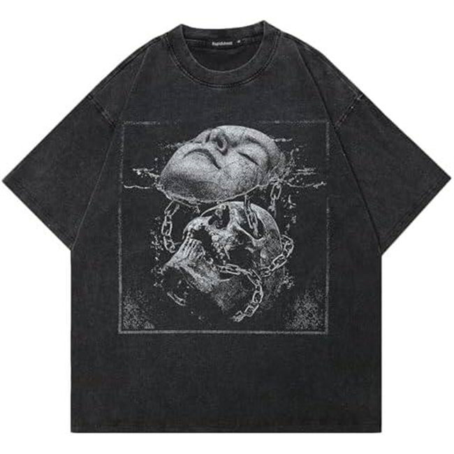 Dark Surreal Chain Skull Human Face Vintage Washed T-Shirt Gothic Horror Liquid Texture Grunge Oversized Unisex Streetwear Tee Hover Image