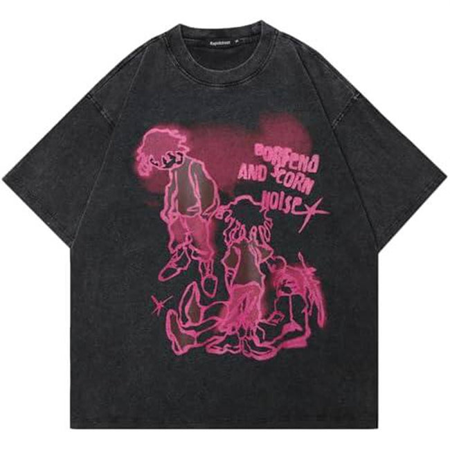Y2K Pink Graffiti Cartoon Sketch Washed T-Shirt Grunge Hand Drawn Character Oversized Unisex Streetwear Short Sleeve Tee Hover Image