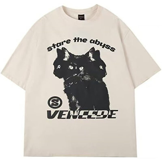 Off White Vintage Washed T-Shirt Multi-Eyed Black Cat Nietzsche Quote Stare The Abyss Gothic Grunge Oversized Unisex Streetwear Tee Hover Image