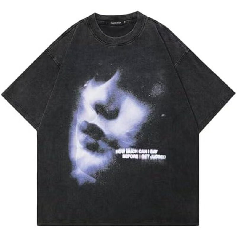 Dark Blurry Portrait Gothic Washed T-Shirt Y2K Sad Aesthetic Oversized Streetwear Unisex Short Sleeve