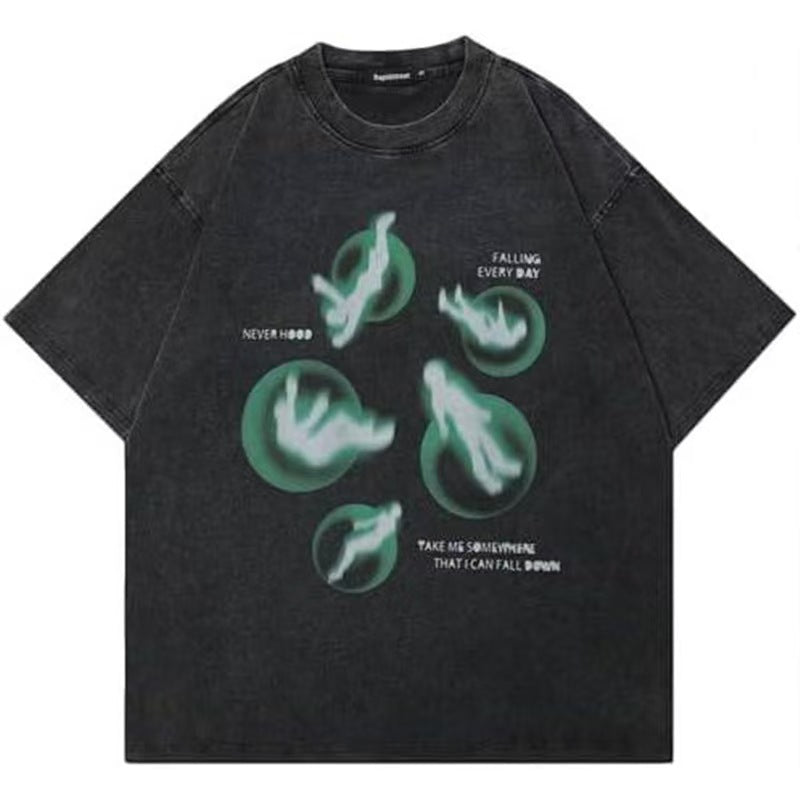 Vintage Acid Wash Oversized T-Shirt Men Women Surreal Falling Figure Green Bubble Print Dark Grunge Aesthetic Loose Unisex Streetwear Short Sleeve Tee
