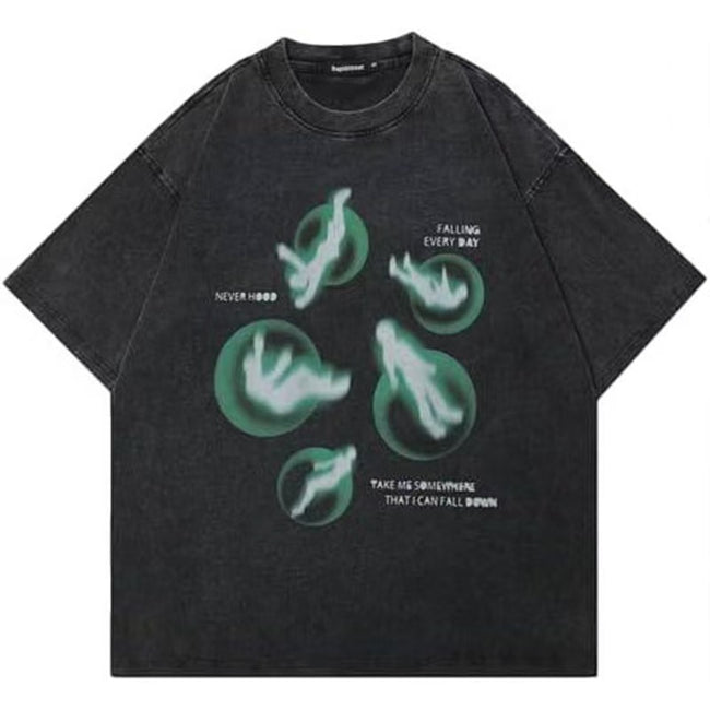 Vintage Acid Wash Oversized T-Shirt Men Women Surreal Falling Figure Green Bubble Print Dark Grunge Aesthetic Loose Unisex Streetwear Short Sleeve Tee Hover Image