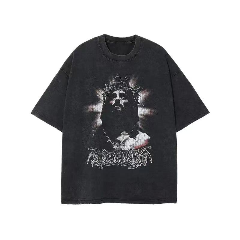 Crown Of Thorns Jesus Vintage Portrait Gothic Washed Black T-Shirt