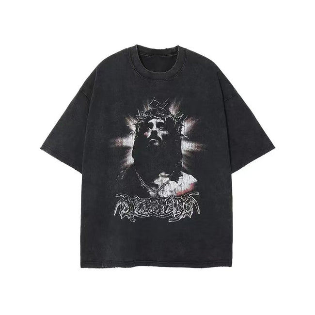 Crown Of Thorns Jesus Vintage Portrait Gothic Washed Black T-Shirt Hover Image