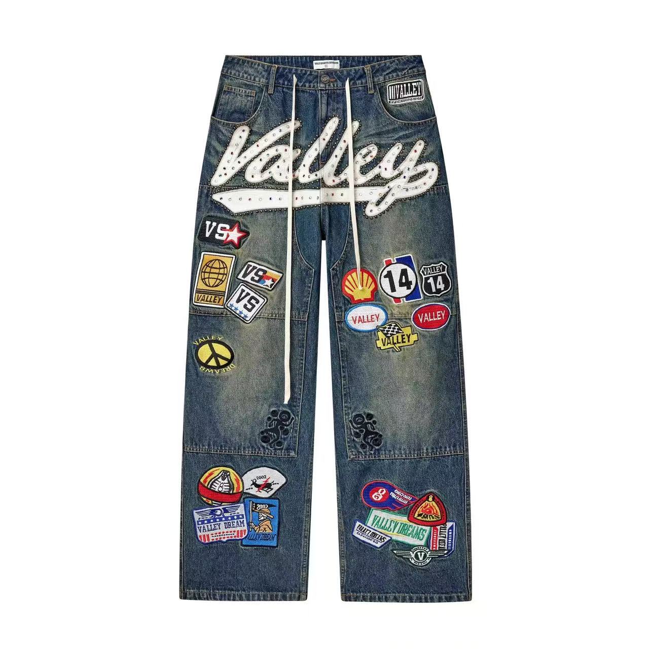 Valley Multi Patch Badge Embroidered Vintage Washed Blue Denim Shorts Men Y2K Baggy Wide Leg Rhinestone Letter Unisex Streetwear Jorts