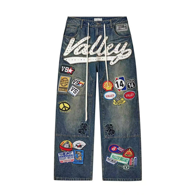 Valley Multi Patch Badge Embroidered Vintage Washed Blue Denim Shorts Men Y2K Baggy Wide Leg Rhinestone Letter Unisex Streetwear Jorts Hover Image