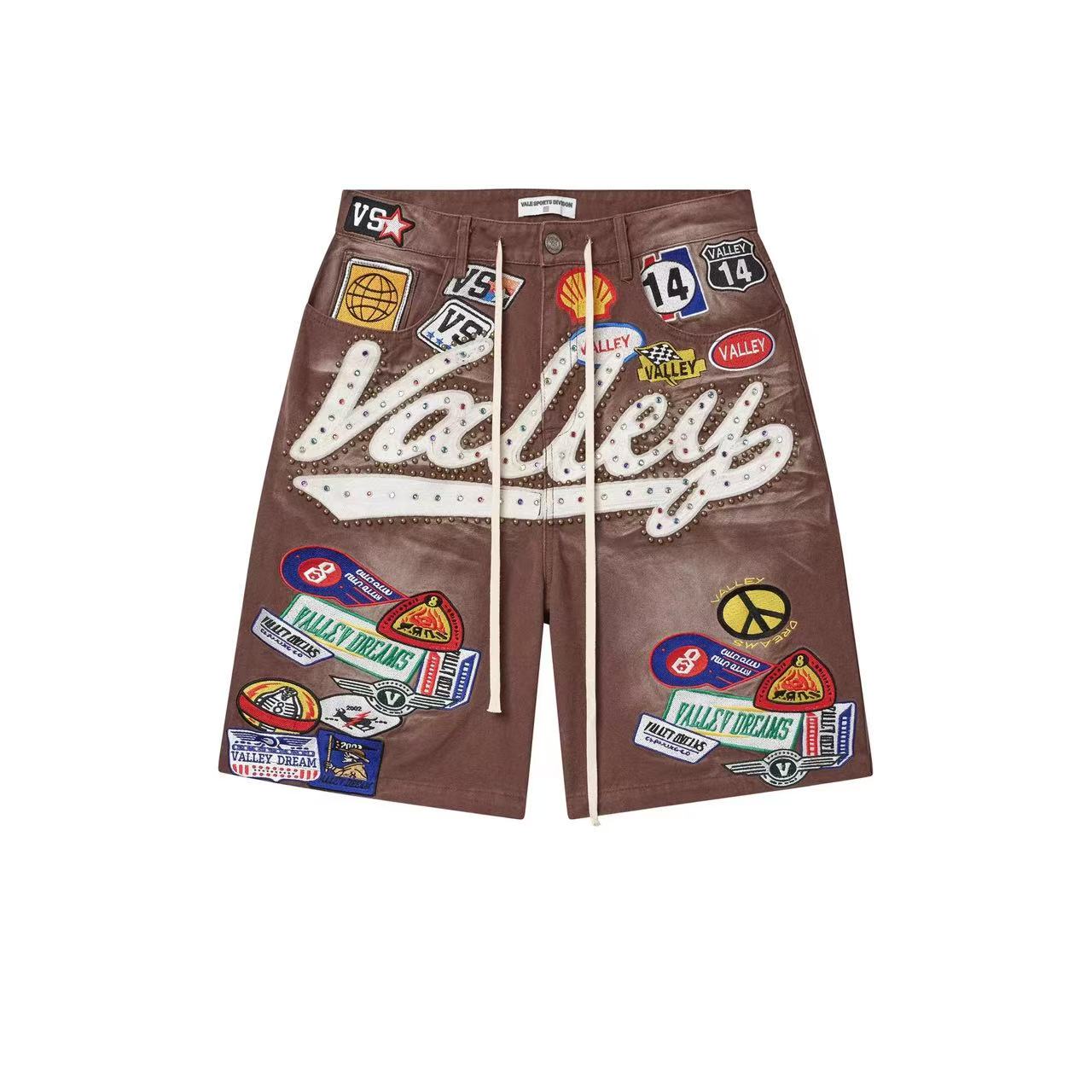 Valley Brown Faux Leather Vintage Patchwork Badge Shorts Rhinestone Cursive Letter Baggy Unisex Y2K Streetwear Casual Jorts