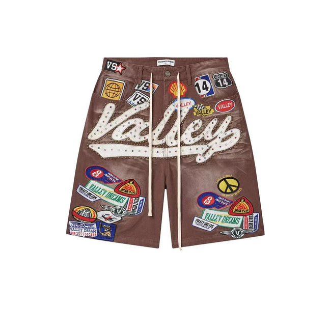 Valley Brown Faux Leather Vintage Patchwork Badge Shorts Rhinestone Cursive Letter Baggy Unisex Y2K Streetwear Casual Jorts Hover Image