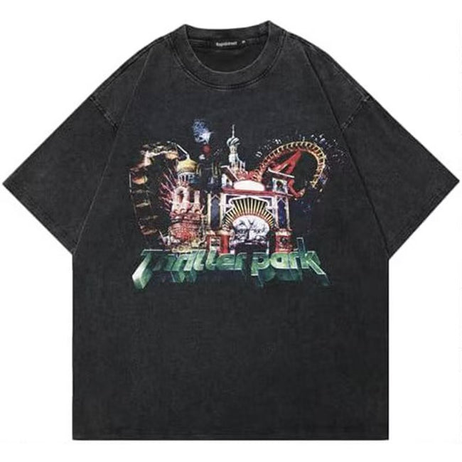 Vintage Thriller Amusement Park Graphic Washed T-Shirt Horror Carnival Roller Coaster Retro Scenery Oversized Unisex Streetwear Tee Hover Image