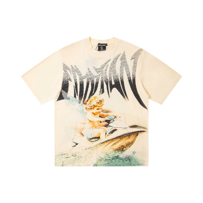 Cream Off White Vintage Cherub Jet Ski Graphic T-Shirt Renaissance Angel Retro Painting Y2K Oversized Unisex Streetwear Short Sleeve Top Hover Image
