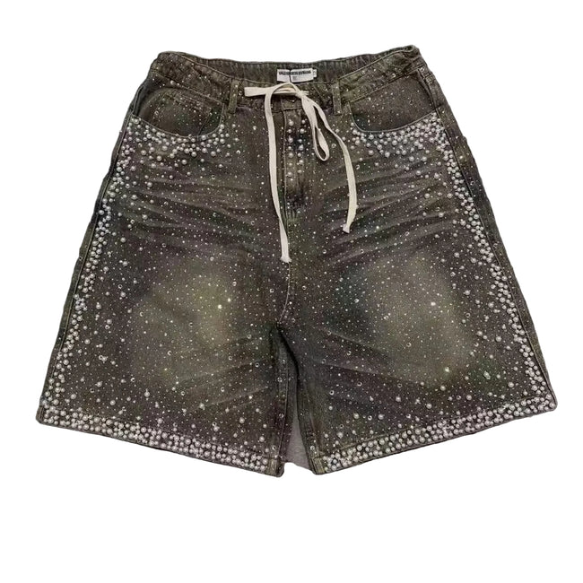 Valley Olive Washed Denim Shorts All Over Scattered Clear Rhinestones Wide Leg Baggy Unisex Grunge Streetwear Knee Length Jorts Hover Image