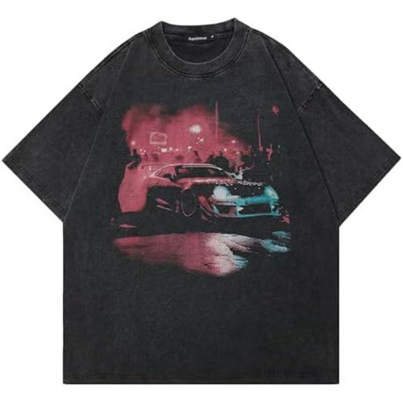 Night Scene Sports Car Vintage Washed T-Shirt Retro JDM Car Aesthetic Oversized Streetwear Unisex Tee