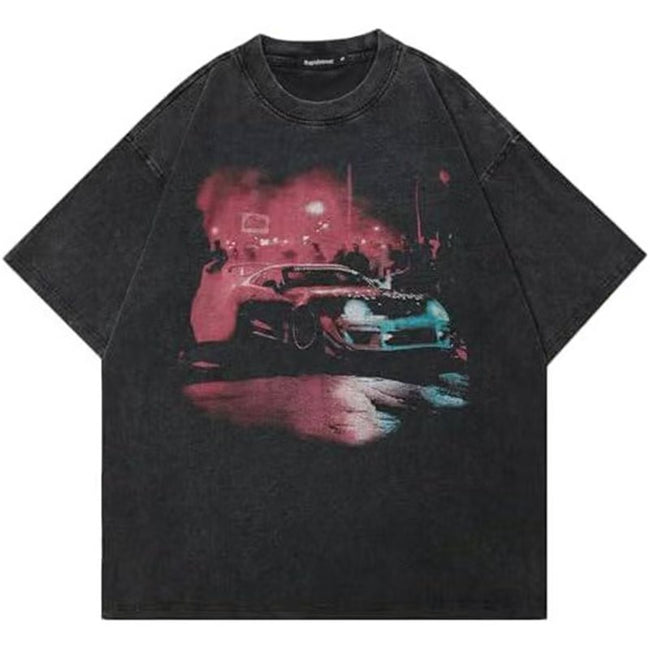 Night Scene Sports Car Vintage Washed T-Shirt Retro JDM Car Aesthetic Oversized Streetwear Unisex Tee Hover Image